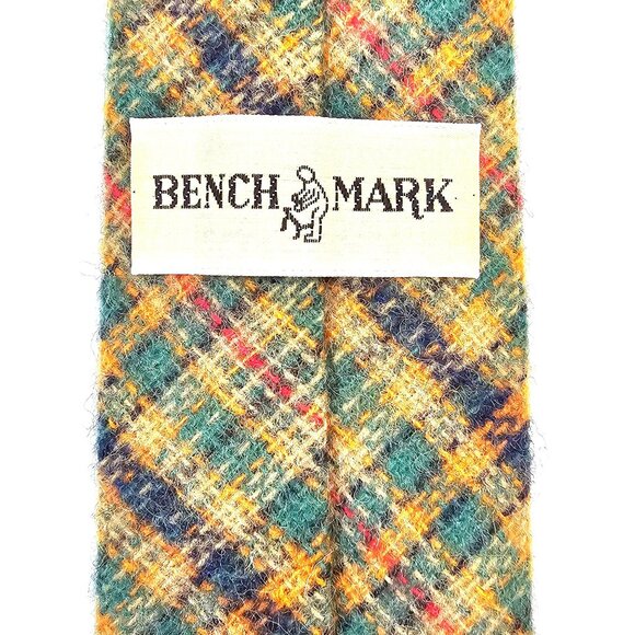 Vtg Benchmark Plaid Wool Necktie Green Gold Tartan Pattern Red Accent Narrow - Picture 3 of 7